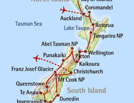 Kaart van Nieuw-Zeeland | rondreis Nieuw-Zeeland