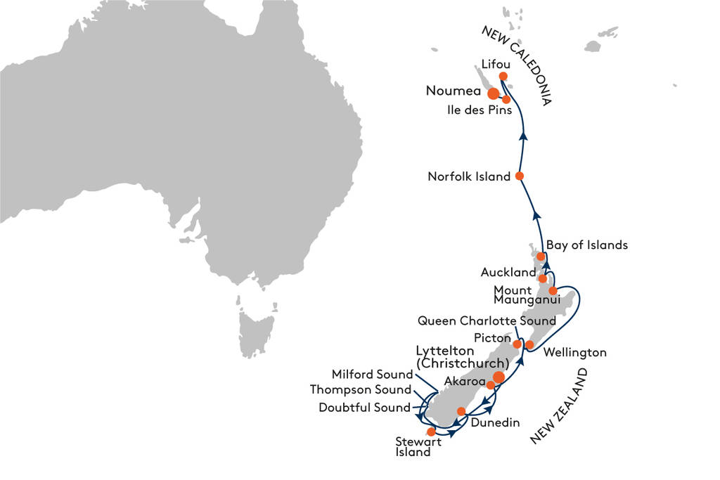 Route 4: van Christchurch naar Noumea met de HANSEATIC inspiration Route 4: van Christchurch naar Noumea met de HANSEATIC inspiration
